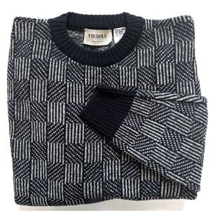 Fiesole Alpaca Wool Sweater Men’s Large Made in Italy Gray Navy Blue Print Crew